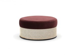 Maroon Velvet Round Ottoman with Rattan Base - Large
