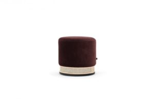 Maroon Velvet Round Ottoman with Rattan Base - Small
