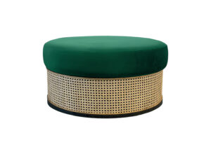 Emerald Green Round Velvet Ottoman with Rattan Base - Large
