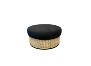 Black Round Velvet Ottoman with Rattan Base
