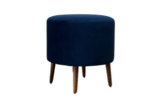 Blue Round Velvet Ottoman with Wooden Legs